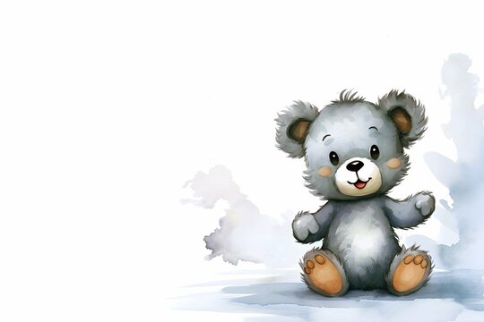Watercolor happy grey teddy bear on white background painting for for toy animal child nursery art 