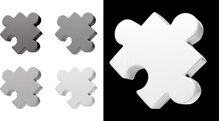 Black and white puzzle parts or Jigsaw pieces set. Matching isometric monochrome objects as community or business strategy elements to connect together.