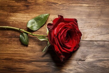 A red rose on a wooden table. Generative AI