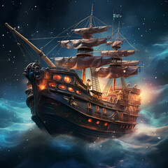 Naklejka premium Time-traveling pirate ship on a cosmic ocean