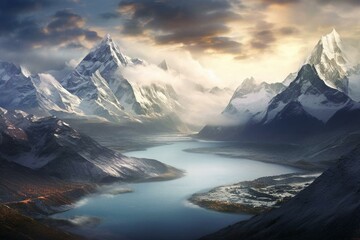 Breathtaking scenery of mountains, sky, lake, and snow-capped peaks merging with clouds. Generative AI