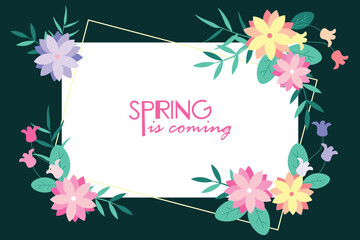 Hello spring text vector background design. Spring greeting typography with fresh bloom flowers and butterfly elements in empty space for holiday season celebration. Vector Illustration.