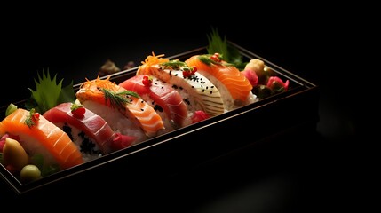 Delicious box of fresh sushi. Assorted rolls and sashimi. A taste of Japan in every bite. Commercial advertisement menu banner with copy space area