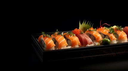 Delicious box of fresh sushi. Assorted rolls and sashimi. A taste of Japan in every bite. Commercial advertisement menu banner with copy space area