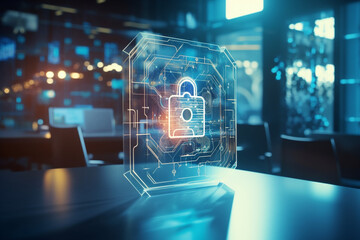 Virtual creative lock sketch with chip hologram on a modern boardroom background, protection of personal data concept. Multiexposure