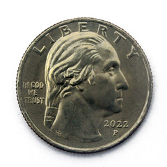 portrait of 1st US president George Washington on the quarter coin 2022