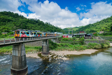 Fototapeta premium train go through the river with beautiful view, in New Taipei City, Taiwan.