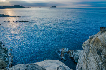 Overlook the coastline with blue sky and ocean, in Keelung city.