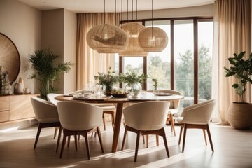Fototapeta premium Japandi Stylish home interior design of light modern dining room with beige chairs at big round dining table