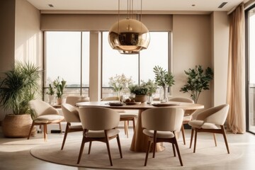 Fototapeta na wymiar Japandi Stylish home interior design of light modern dining room with beige chairs at big round dining table