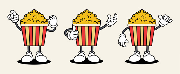 Popcorn set mascot of 70s groovy. Collection of cartoon,retro, groovy characters. Vector illustration.
