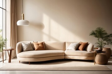 Japandi interior home design of modern living room with beige sofa and empty wall - obrazy, fototapety, plakaty