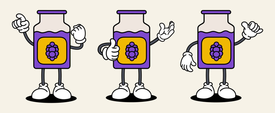 Grape jam set mascot of 70s groovy. Collection of cartoon,retro, groovy characters. Vector illustration.