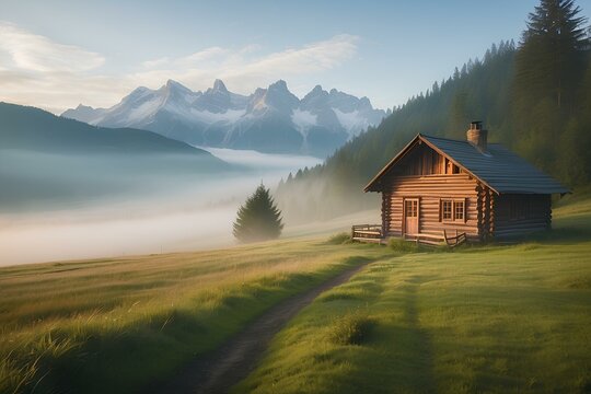 Peacefull landscape ooden cabin in natures