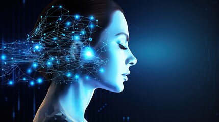 abstract head graph of a person's head with graphs and wires in the background. technology human AI system concept Wireframe. computer science, artificial intelligence, and communications