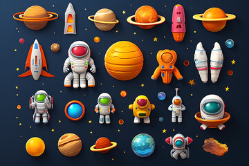 Space 3d vector icon set. Astronaut, planet, satellite, rocket, ufo, comet cartoon objects - obrazy, fototapety, plakaty