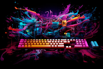 Creative explosion, artistic chaos and technology, pc keyboard - obrazy, fototapety, plakaty
