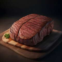 a detailed photo of cooked Meat Steak on the wooden table close-up.