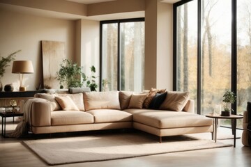 Interior home design of modern living room with beige corner sofa and forest view windows