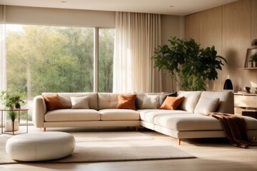 Interior home design of modern living room with beige corner sofa and forest view windows