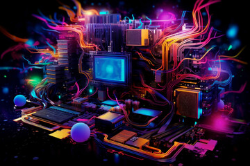 Fototapeta na wymiar Computer hardware components, motherboard and chipset in neon lights. Digital world