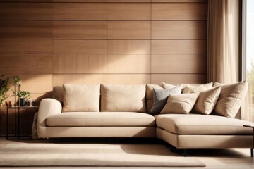 Interior home design of modern living room with beige sofa and wooden wall