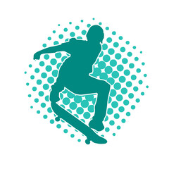 Silhouette of a male in action pose on skateboard. Silhouette of an urban boy on skateboard.