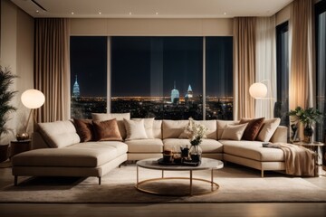 Fototapeta premium Interior home design of modern living room with beige sofa, round tables, and stunning views of the city at night