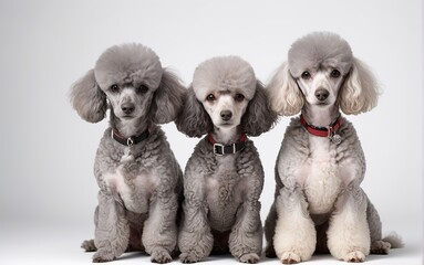 Perros de raza Poodle, sentados, sobre fondo blanco
