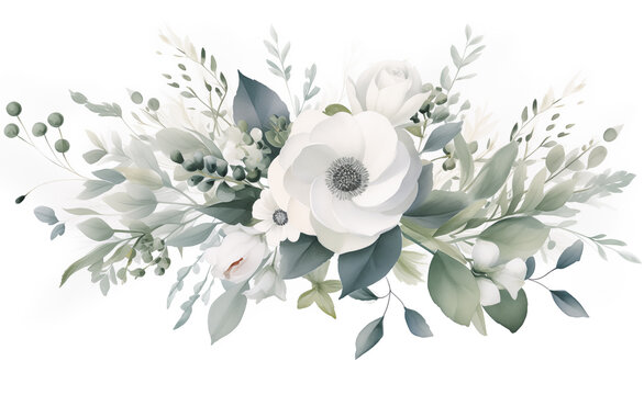 recommend clip art: Watercolor floral illustration. White flowers and eucalyptus greenery bouquet. Dusty roses, soft light blush peony border, wreath, frame. Wedding stationary, greetings, fashion, background by Vita