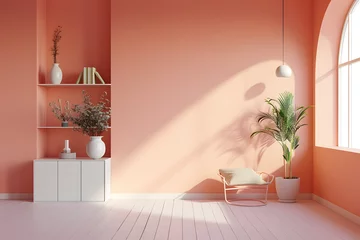 Wall murals Pantone 2024 Peach Fuzz Peach fuzz ,empty room ,minimal interior livingroom. peach color paint wall. color of the year 2024 . Mockup background. 3d render