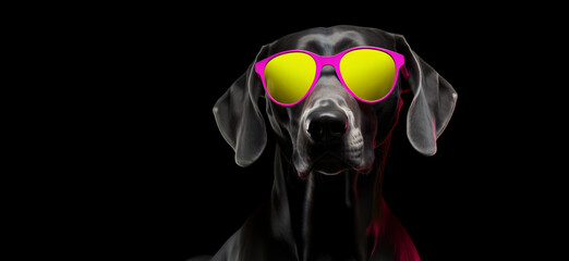 Big Dog Rocking Pink Sunglasses Against a Black Background