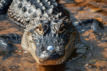 Alligator Balancing Golf Ball on Its Snout in a Quirky Encounter with Nature - obrazy, fototapety, plakaty
