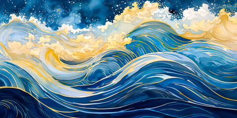 Magical fairytale ocean waves art painting. Unique blue and gold wavy swirls of magic water. Fairytale navy and yellow sea waves. Children’s book waves, kids nursery cartoon illustration by Vita - obrazy, fototapety, plakaty
