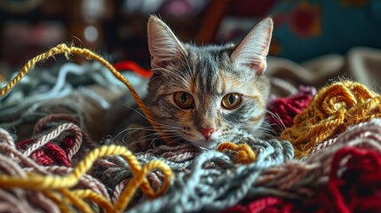 Close-Up of a Beautiful Cat with Striking Eyes Nestled in Colorful Yarns, Capturing a Cozy and Artistic Atmosphere