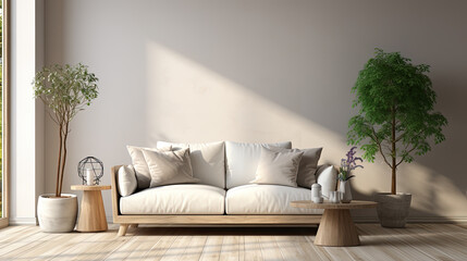 Modern Minimal clean clear contemporary living room home interior design daylight background,beige white sofa couch in living room daylight from window freshness moment mock up interior. - obrazy, fototapety, plakaty