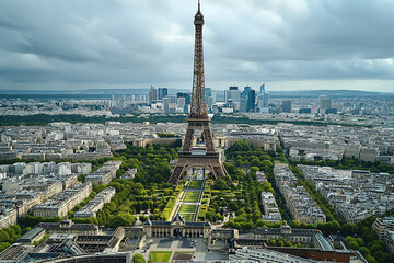 Eiffel tower in Paris, France, aerial view on picturesque beautiful day, scenic atmosphere