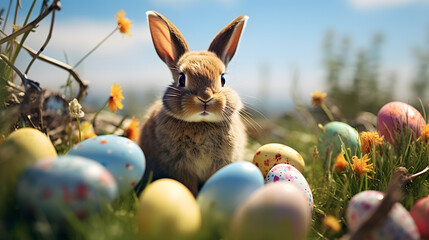landscape photography, Happy easter day, Rabbits in a garden with eggs and natural light.