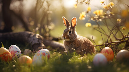 Landscape photography, Happy easter day, Rabbits in a garden with eggs and natural light.