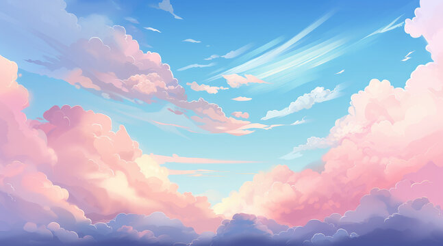 Pastel color of sky background with bird. Illustration graphic design. Generative ai. Anime cartoon style	
