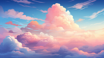 Pastel color of sky background with bird. Illustration graphic design. Generative ai. Anime cartoon...