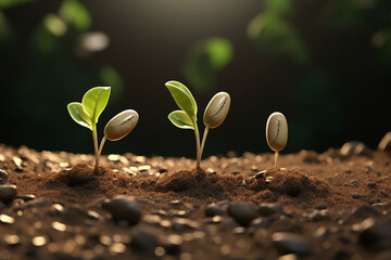 Three bean seeds germinating shot