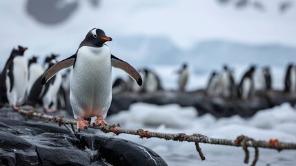 Close-Up of a Gentoo Penguin Standing on a Rocky Shore with Other Penguins in the Background, Antarctica Showing Stunt