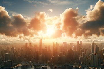 Fototapeta premium The Sun Breaking Through The Clouds Shines On Citys High Buildings Background