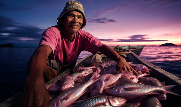 Traditional Filipino fisherman in fifties showing fresh catch of pink fish after a hard work day at sea