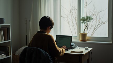 asian kid working or studying from home - obrazy, fototapety, plakaty