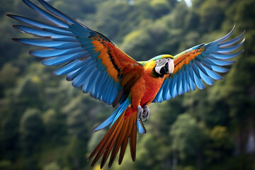 The King of parrots bird Blue gold macaw vivid rainbow colorful animal birds on flying away