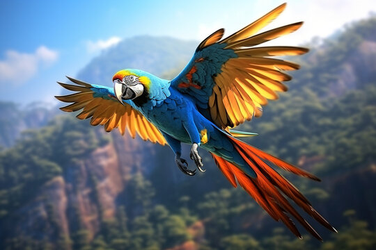 The King of parrots bird Blue gold macaw vivid rainbow colorful animal birds on flying away
