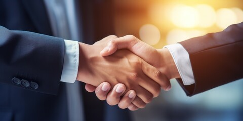 Close up view of handshake, two businessmen in suits shaking hands, stock photo copy space 