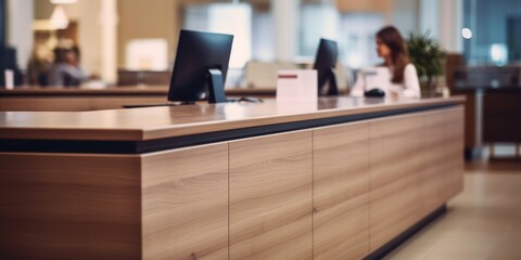 Close up of a public counter in the interior of a small modern bank with customer and clerk photo...